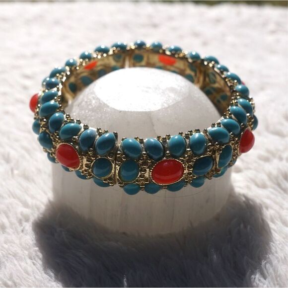 J.Crew Faux Gold Turquoise Coral Stretch Bracelet - Picture 5 of 6